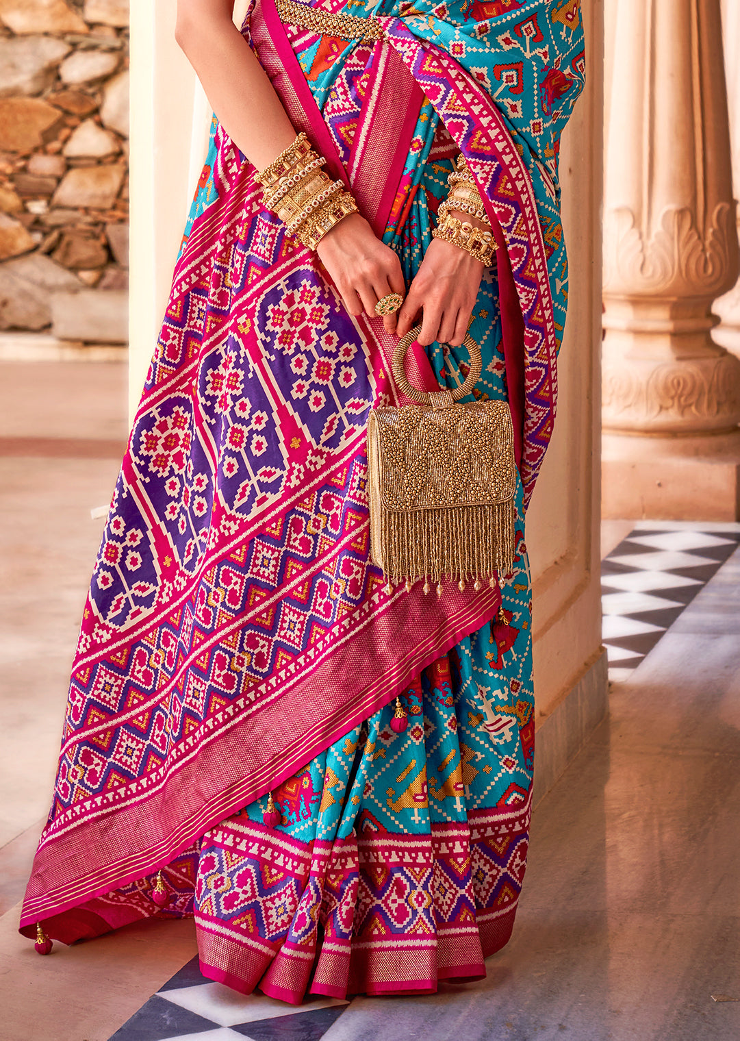 Deep Sky Blue Woven Patola Silk Saree