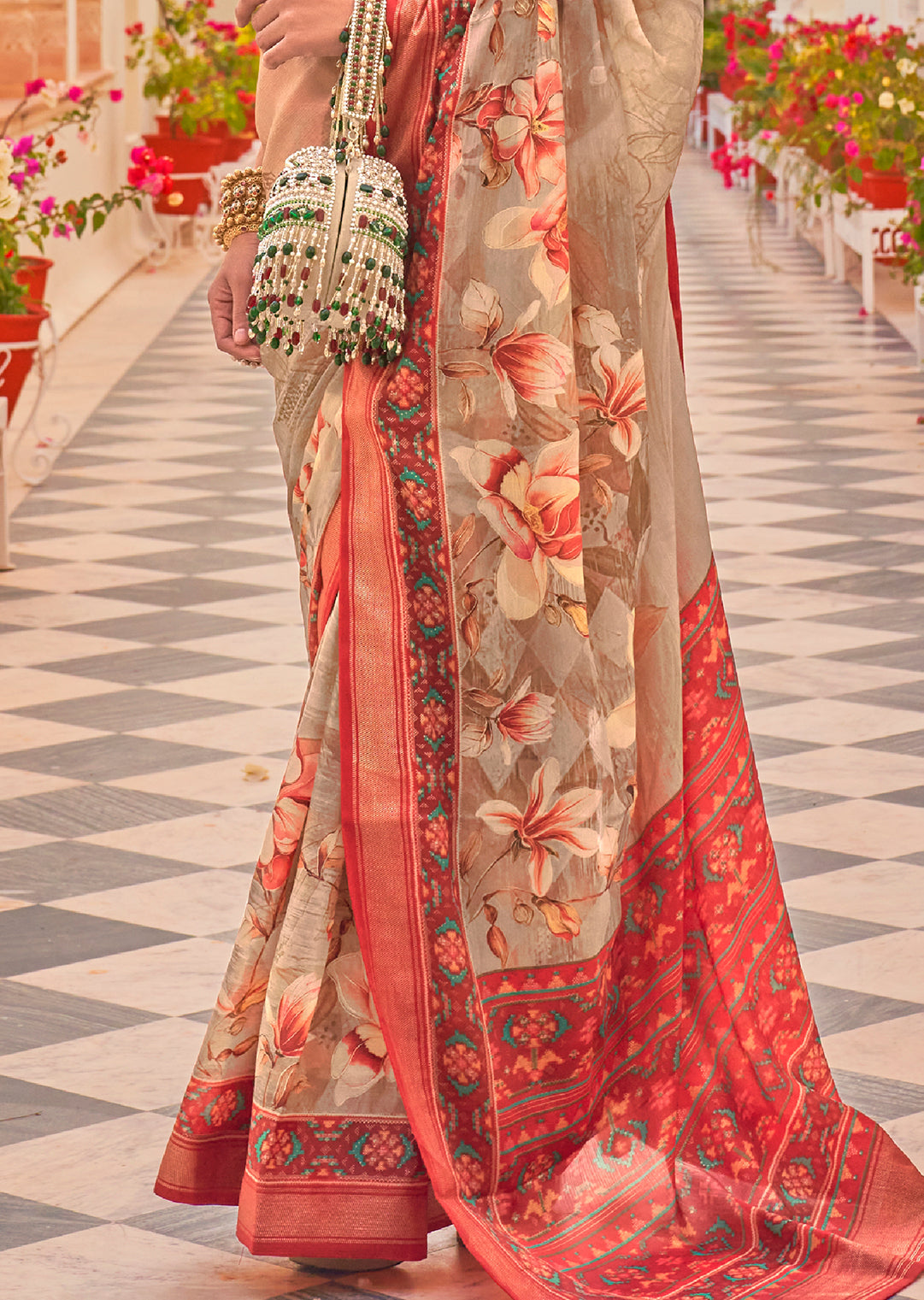 Off White & Coral Red Woven Chiffon Patola Saree
