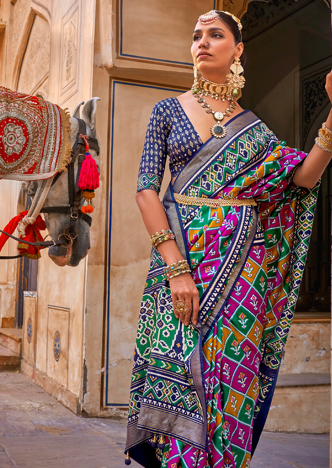 Magenta Purple & Blue	Woven Patola Silk Saree