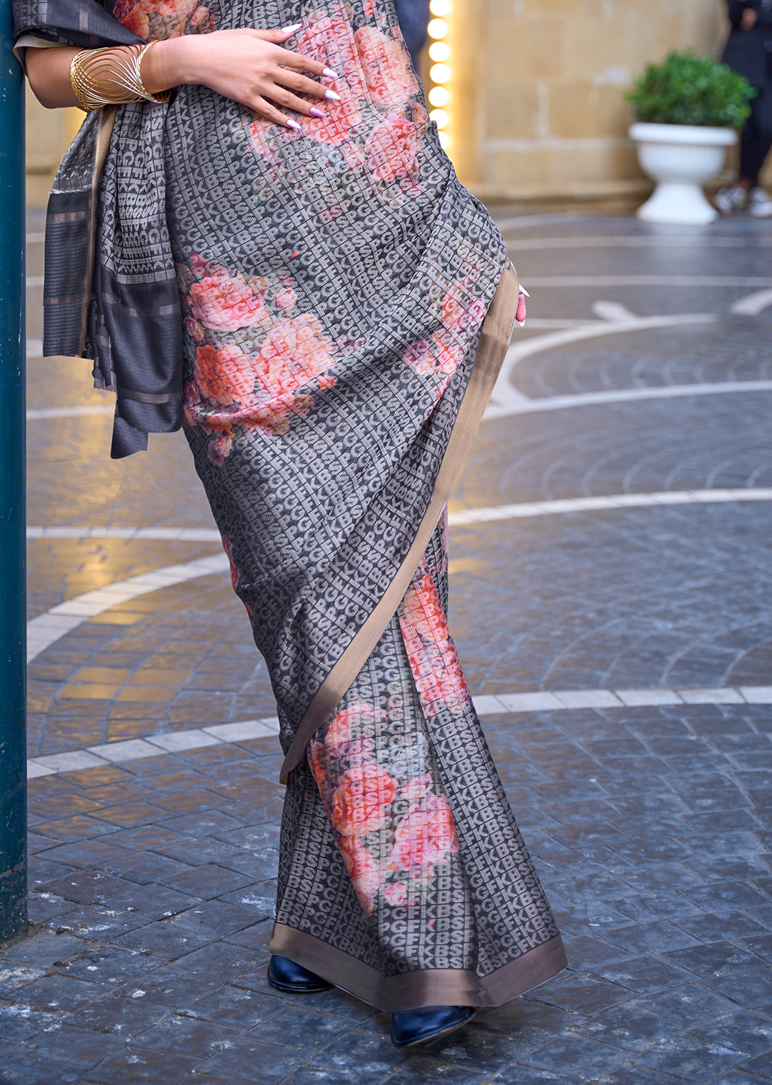 Grey Woven Digital Printed Crepe Silk Saree