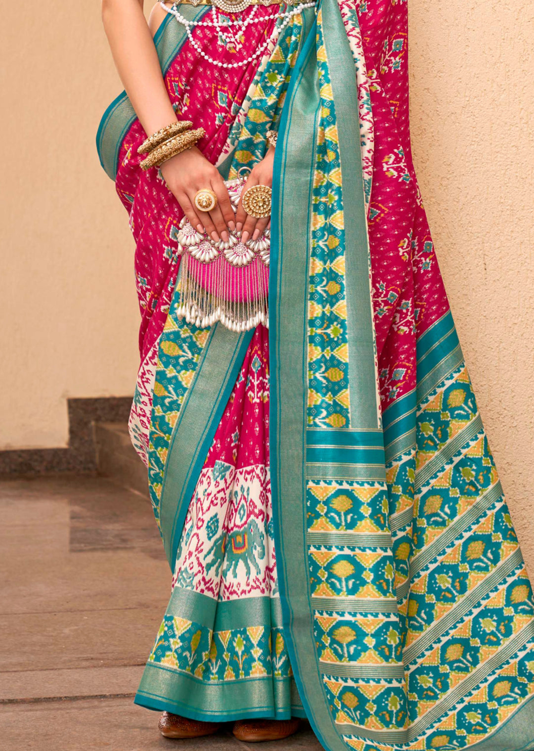 Ruby Pink Woven Traditional Patola Silk Saree