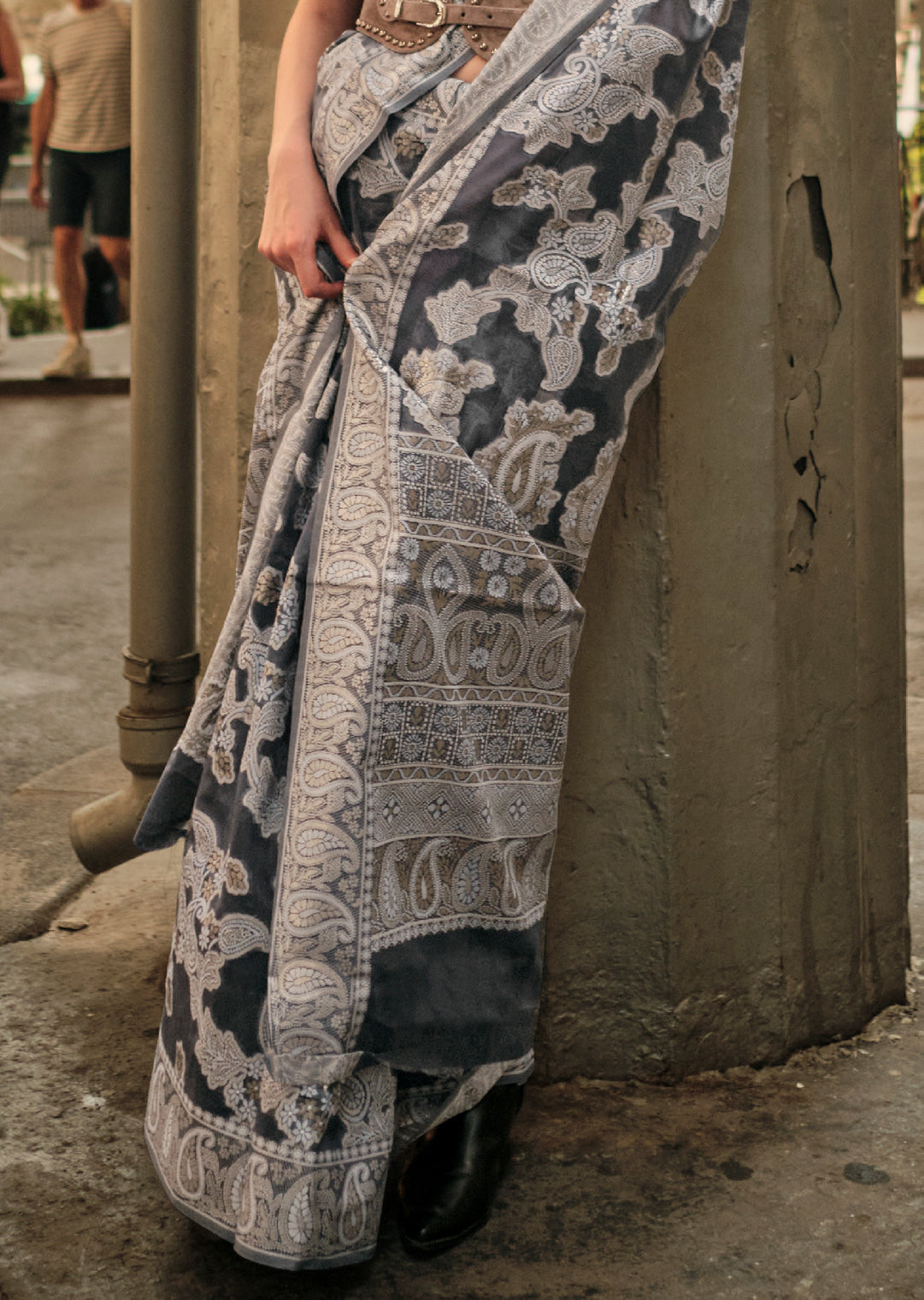 Dark Grey Woven Handloom Chikankari Lucknowi Organza Silk Saree