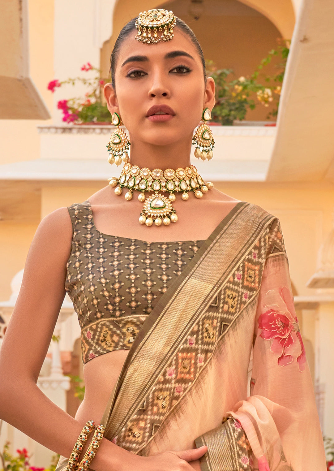 Peach Woven Chiffon Patola Saree