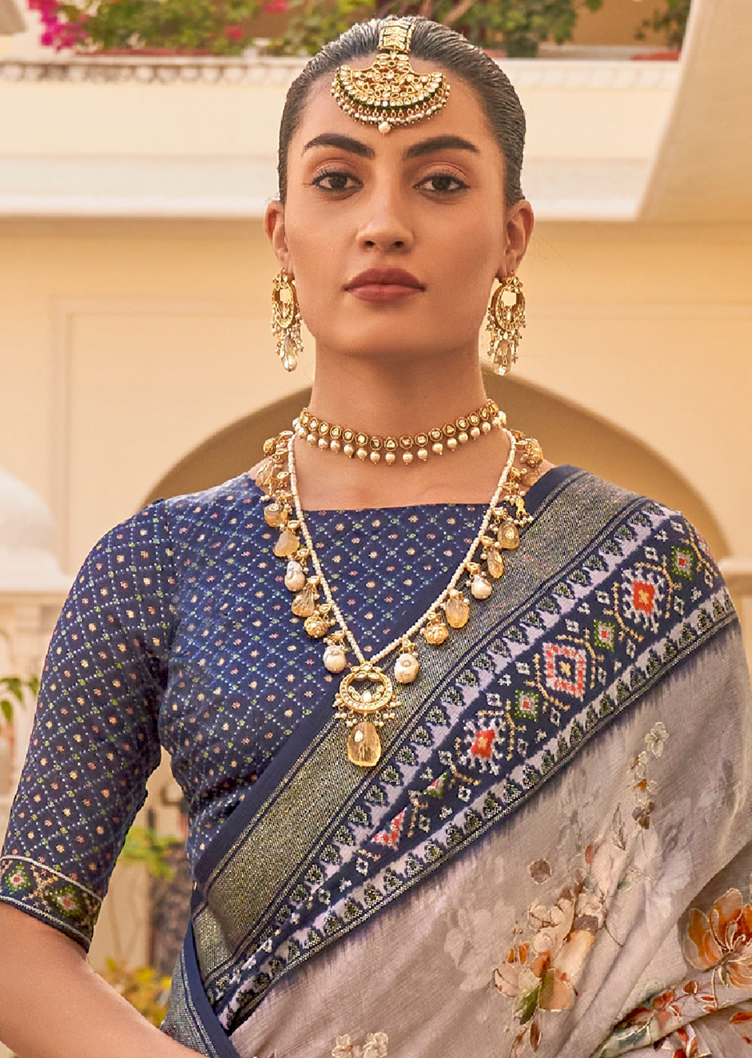 Grey & Blue Woven Chiffon Patola Saree