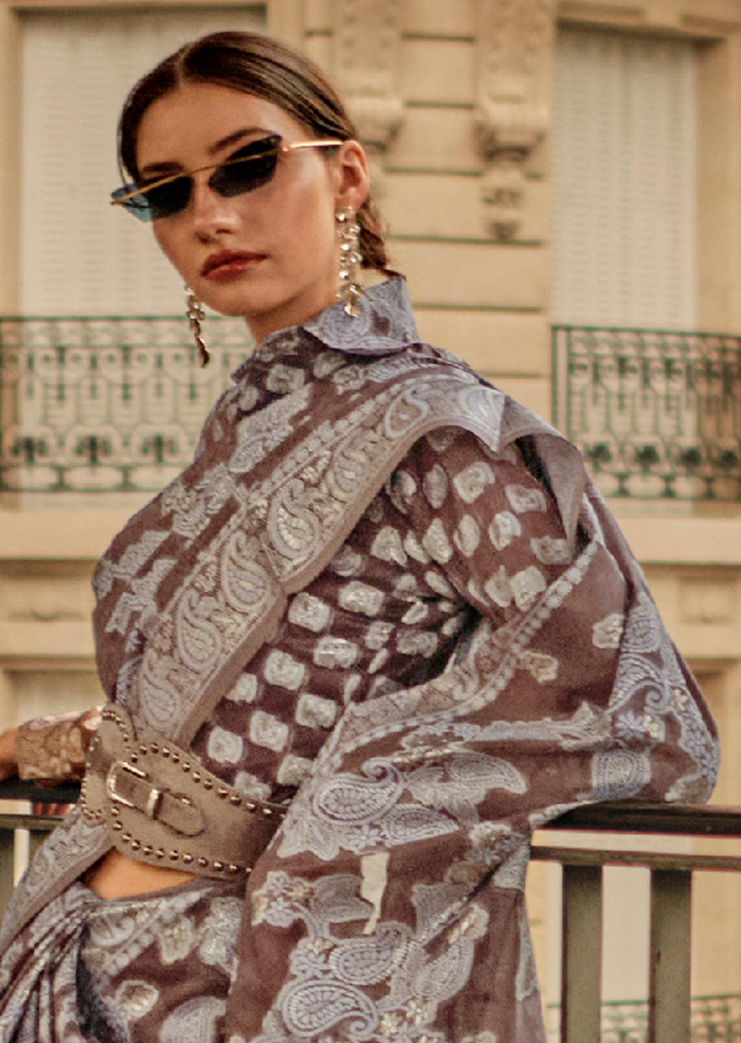 Brown Woven Handloom Chikankari Lucknowi Organza Silk Saree