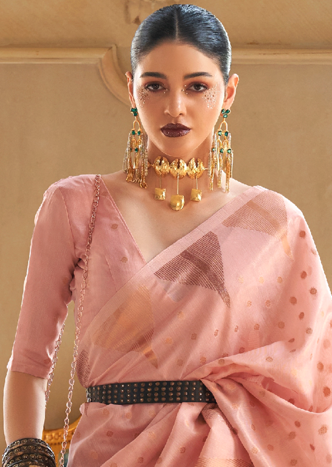PEACH PINK ZARI WOVEN PURE HANDLOOM KHICHA TISSUE SILK SAREE