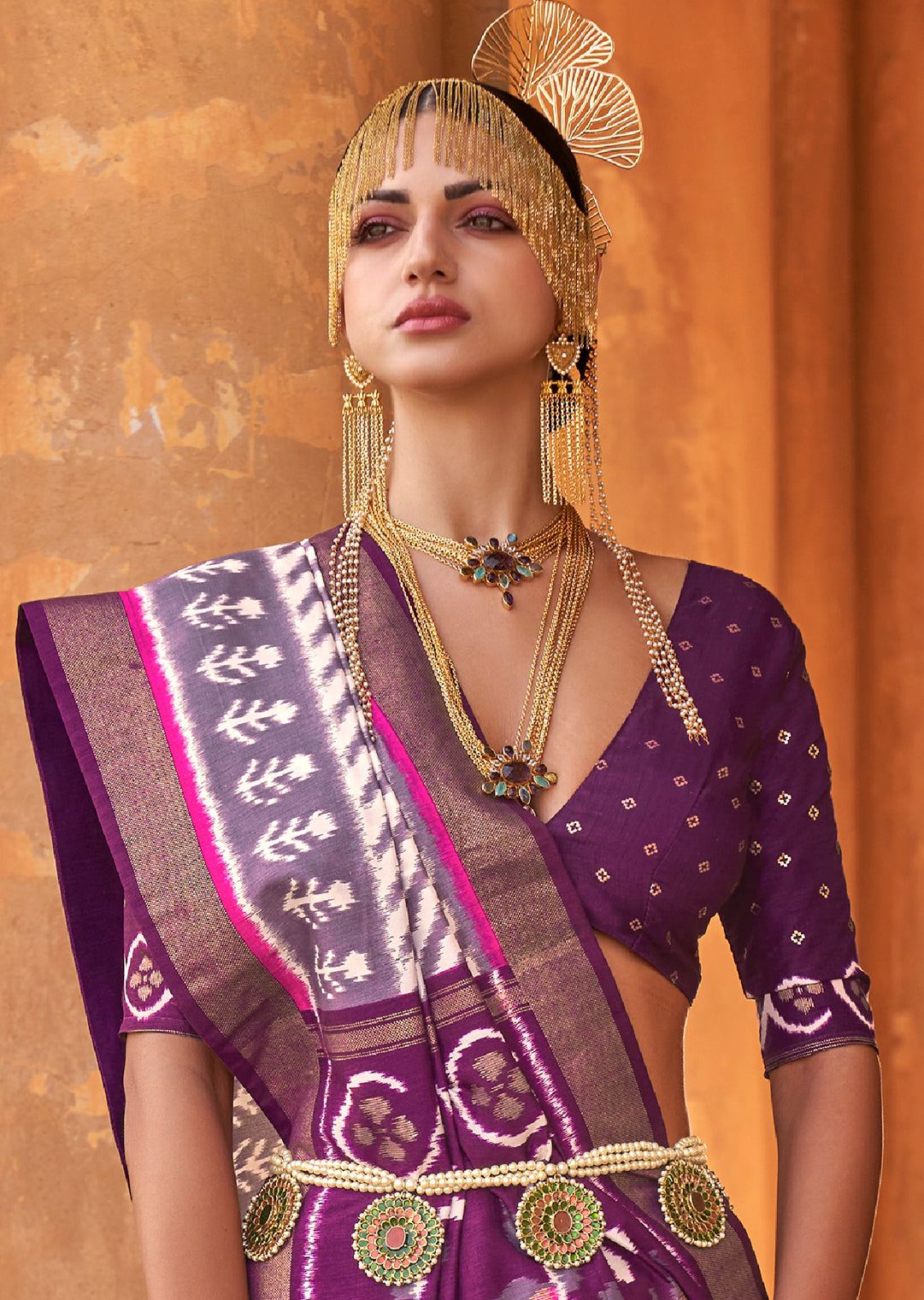 White & Purple Woven Patola Silk Saree