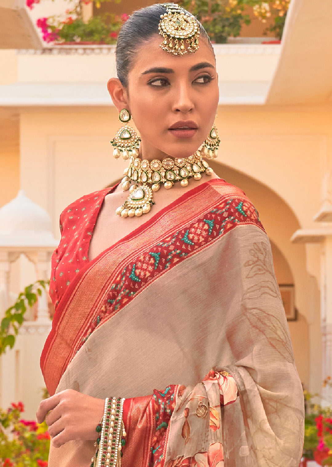 Off White & Coral Red Woven Chiffon Patola Saree