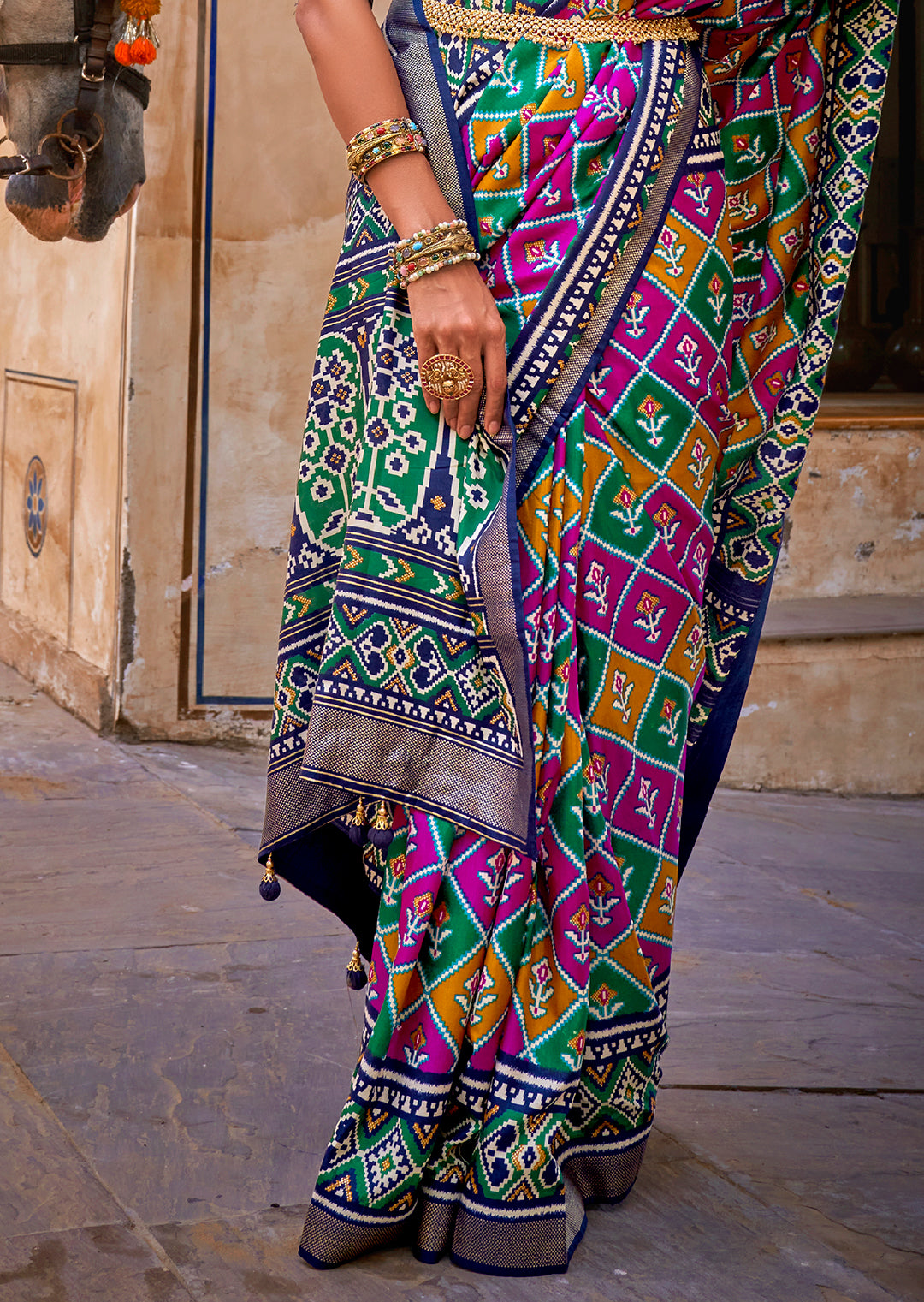 Magenta Purple & Blue	Woven Patola Silk Saree