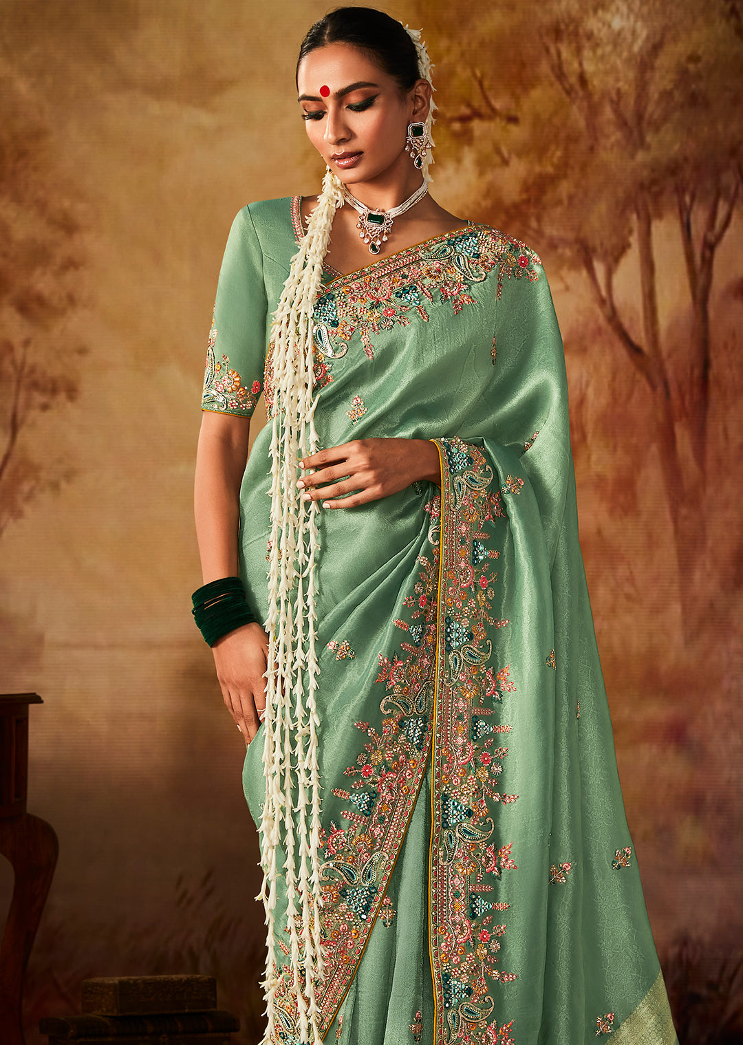 Tiffany Green Zari Woven Heavy Embroidered Designer Kanjivaram Silk Saree