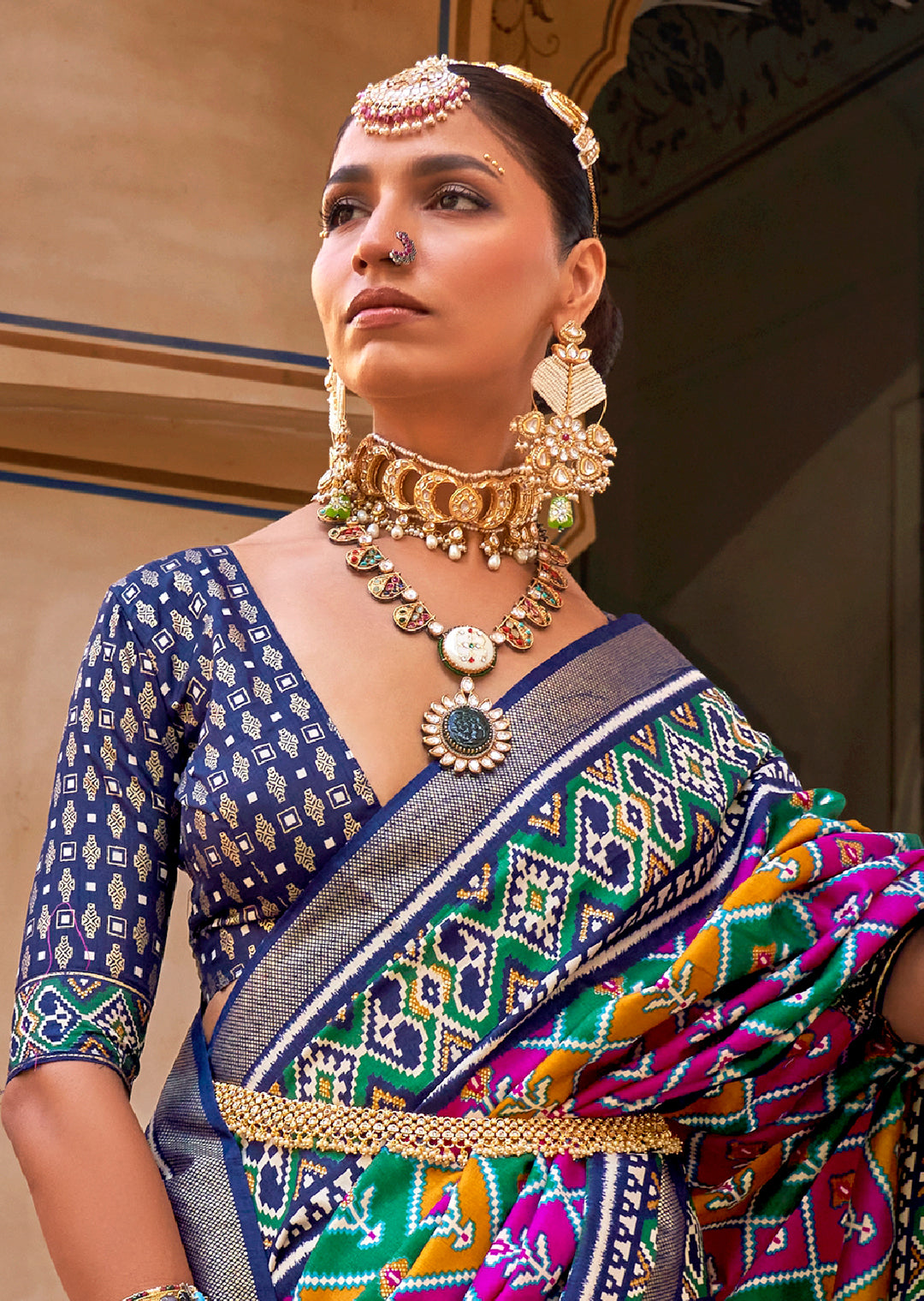Magenta Purple & Blue	Woven Patola Silk Saree