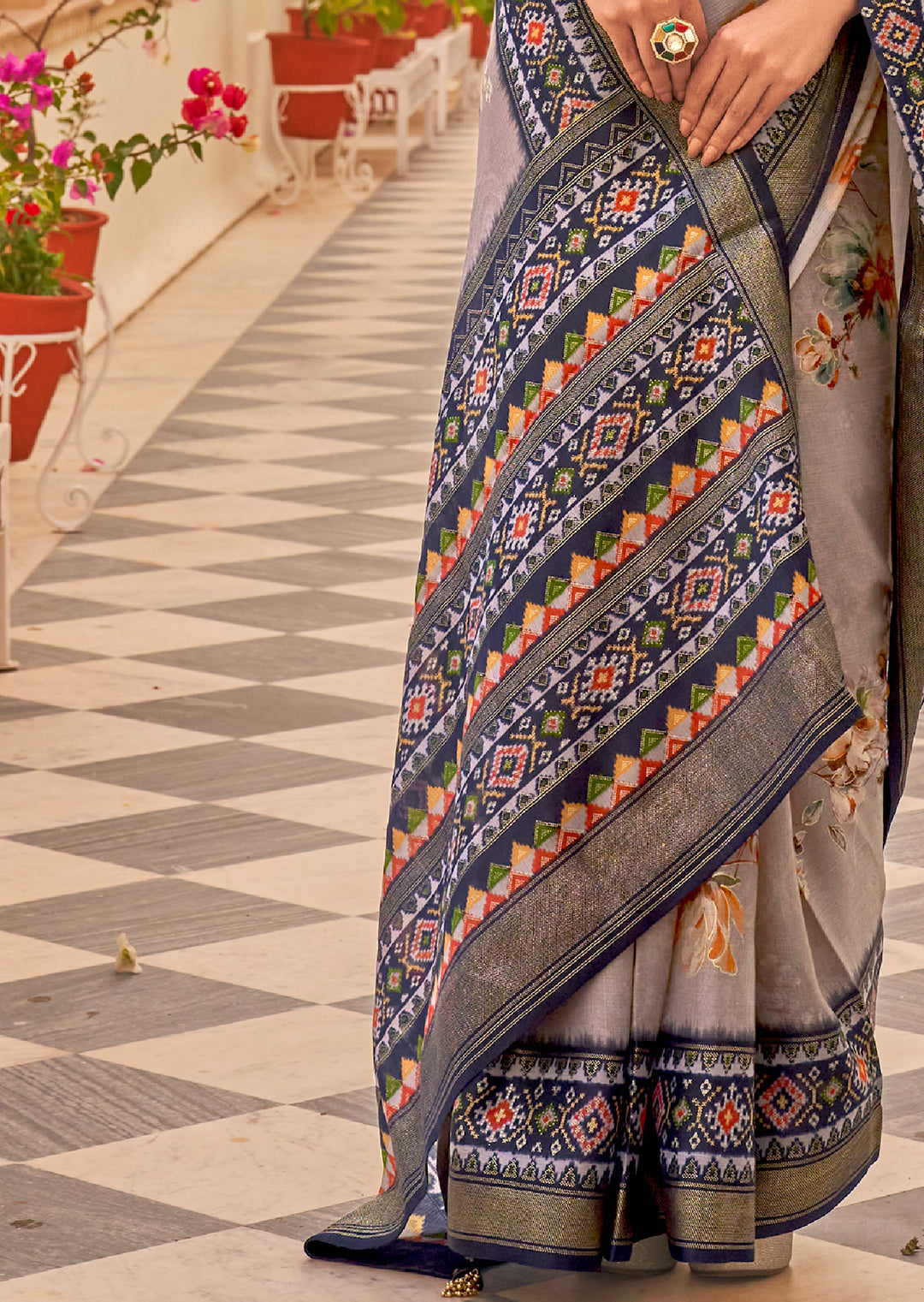 Grey & Blue Woven Chiffon Patola Saree
