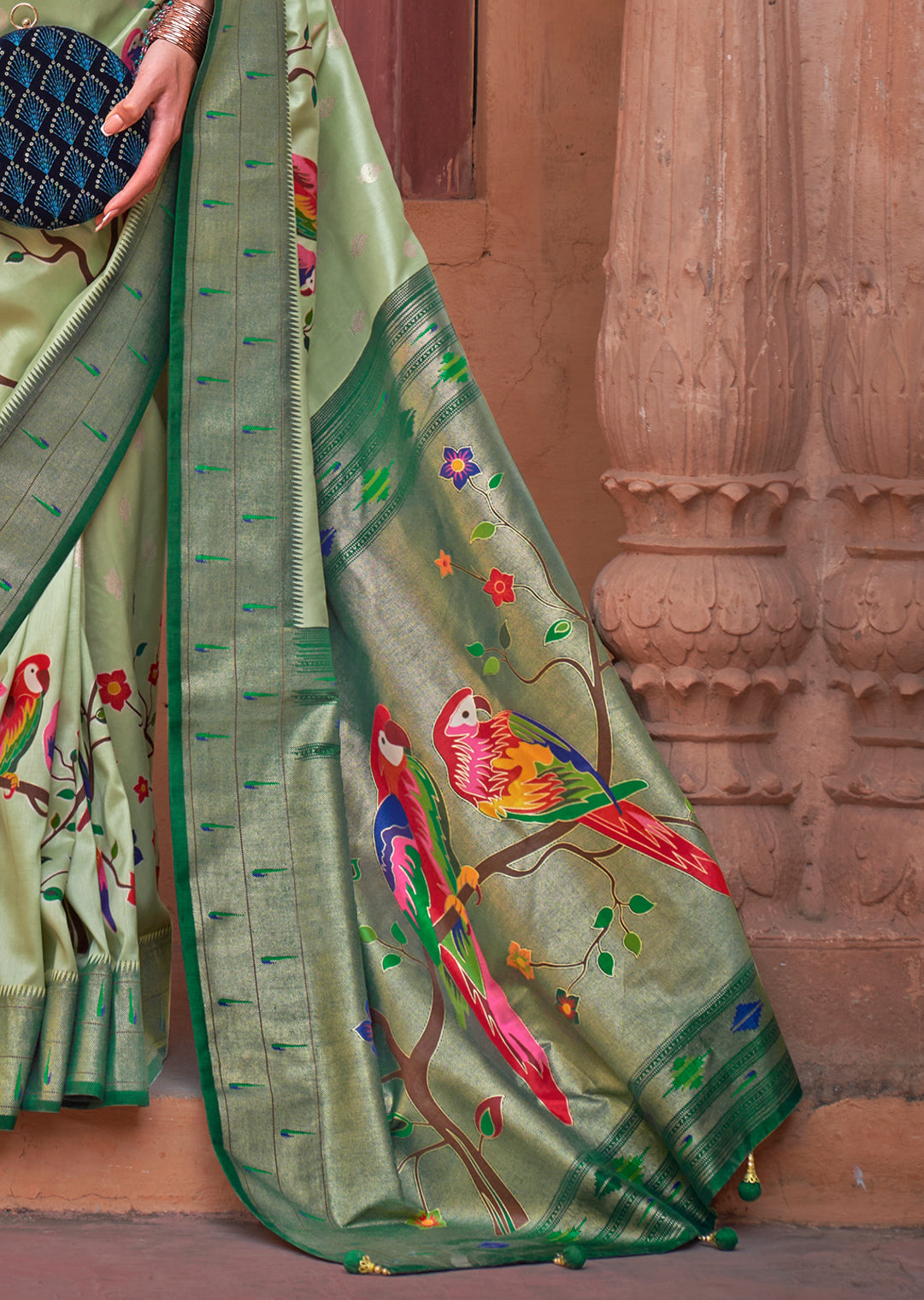 Mint Green Woven Paithani Silk Saree