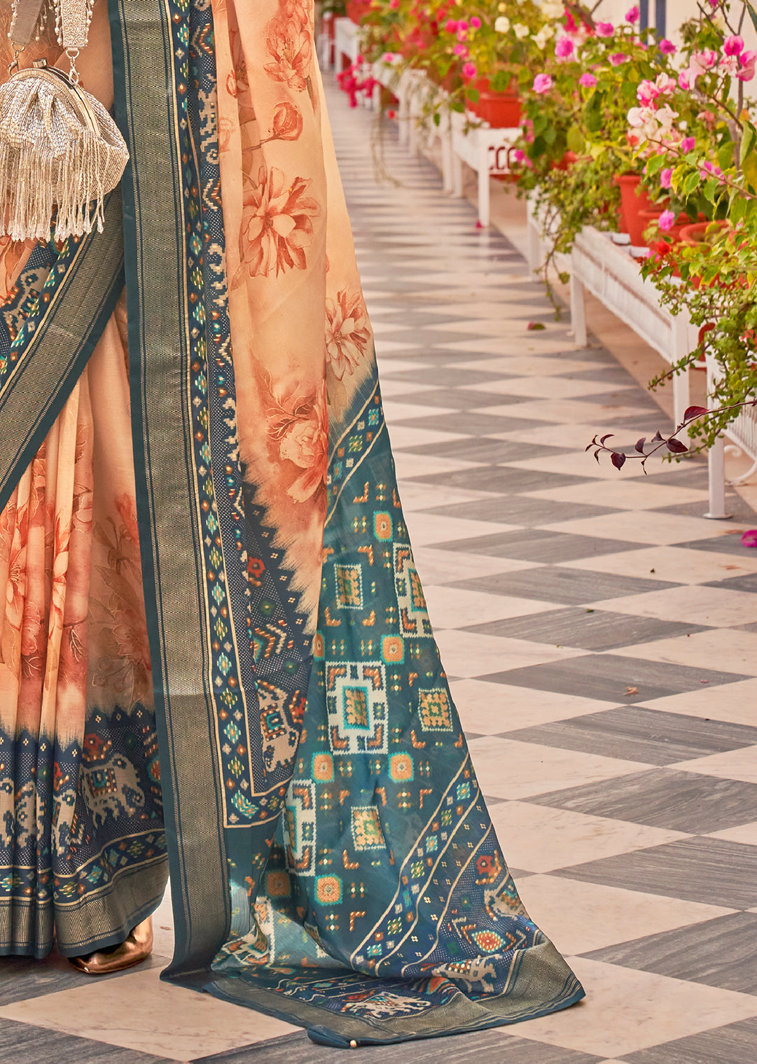 Peach & Teal Green Woven Chiffon Patola Saree