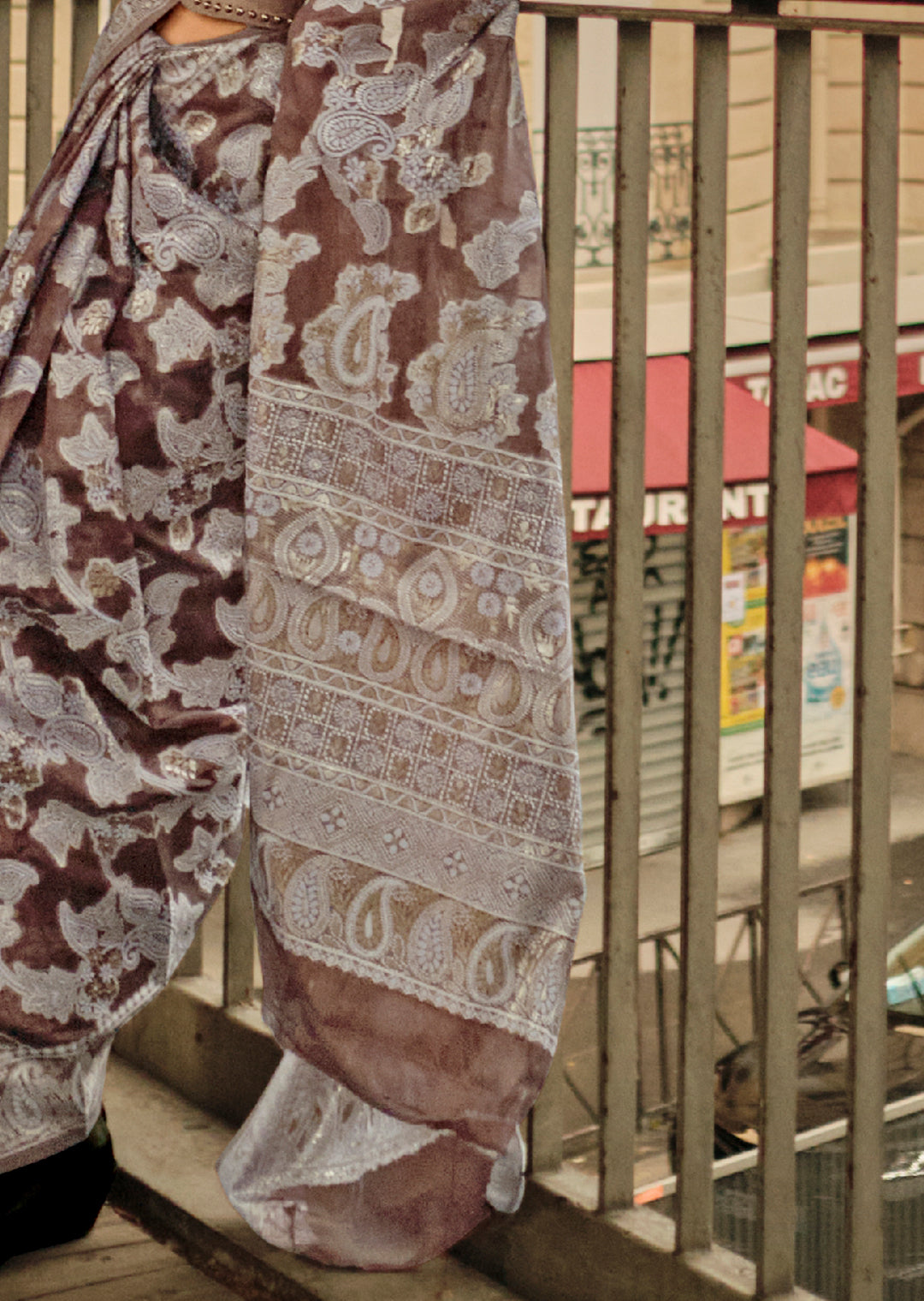 Brown Woven Handloom Chikankari Lucknowi Organza Silk Saree