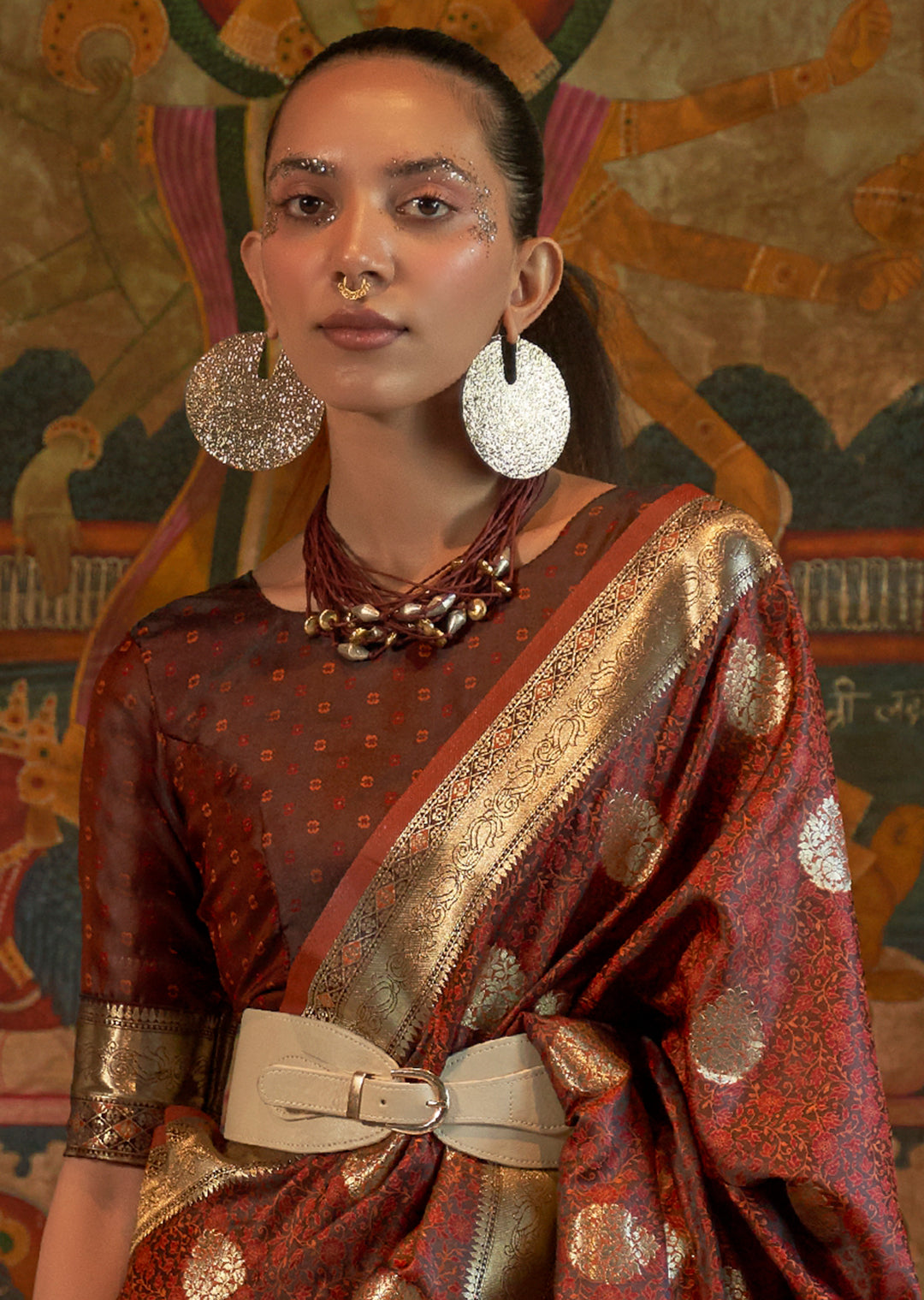 Brown Zari Woven Handloom Pure Banarasi Satin Silk Saree
