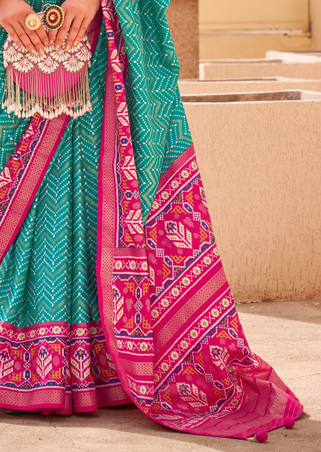 Turquoise Green Woven Patola Silk Saree