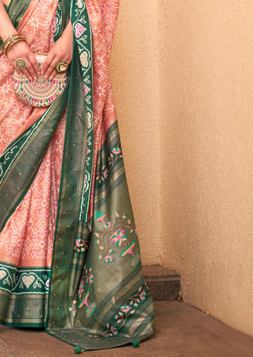 Peach Woven Traditional Patola Silk Saree