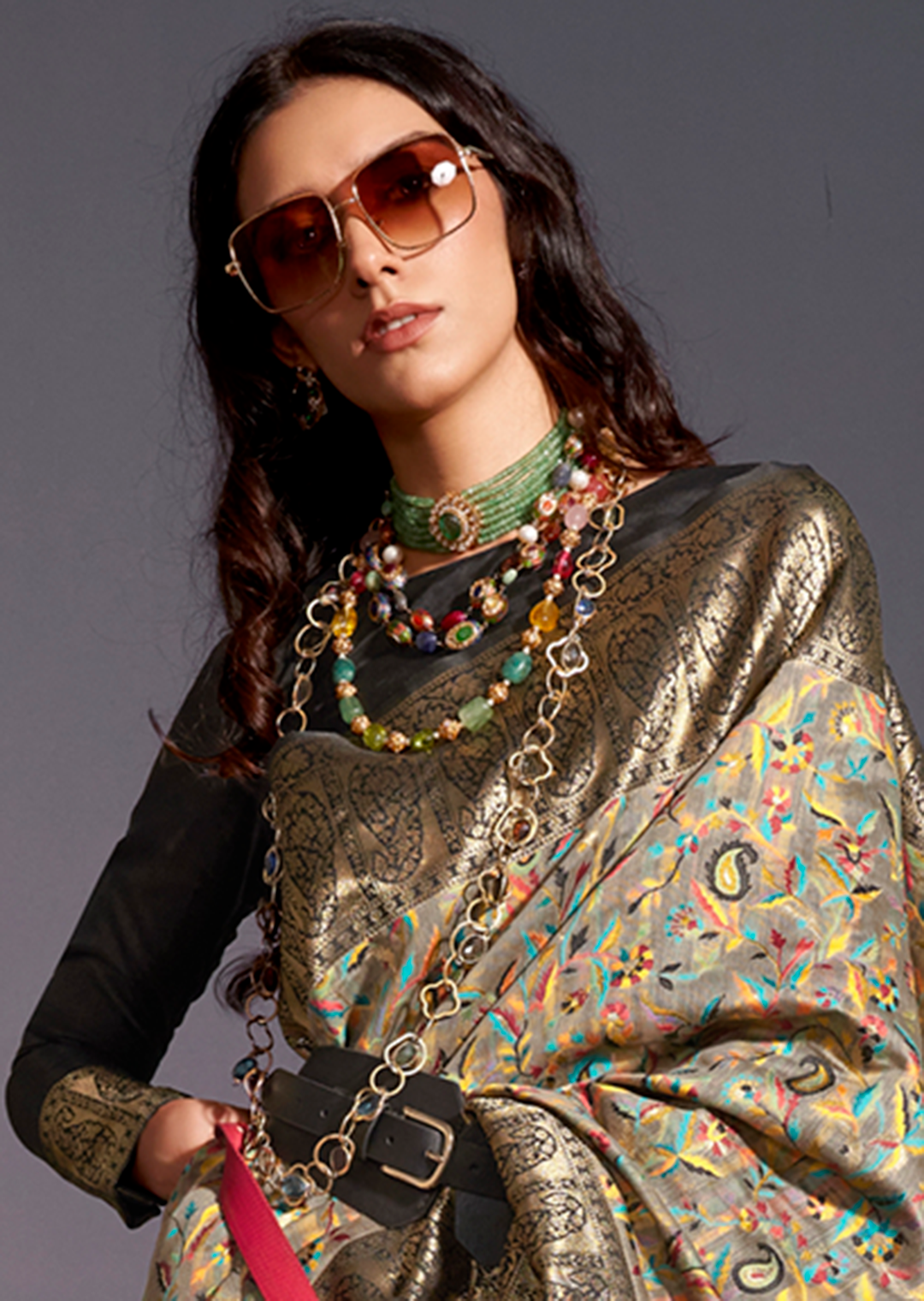 Grey Resham Woven Kashmiri Jamewar Silk Saree