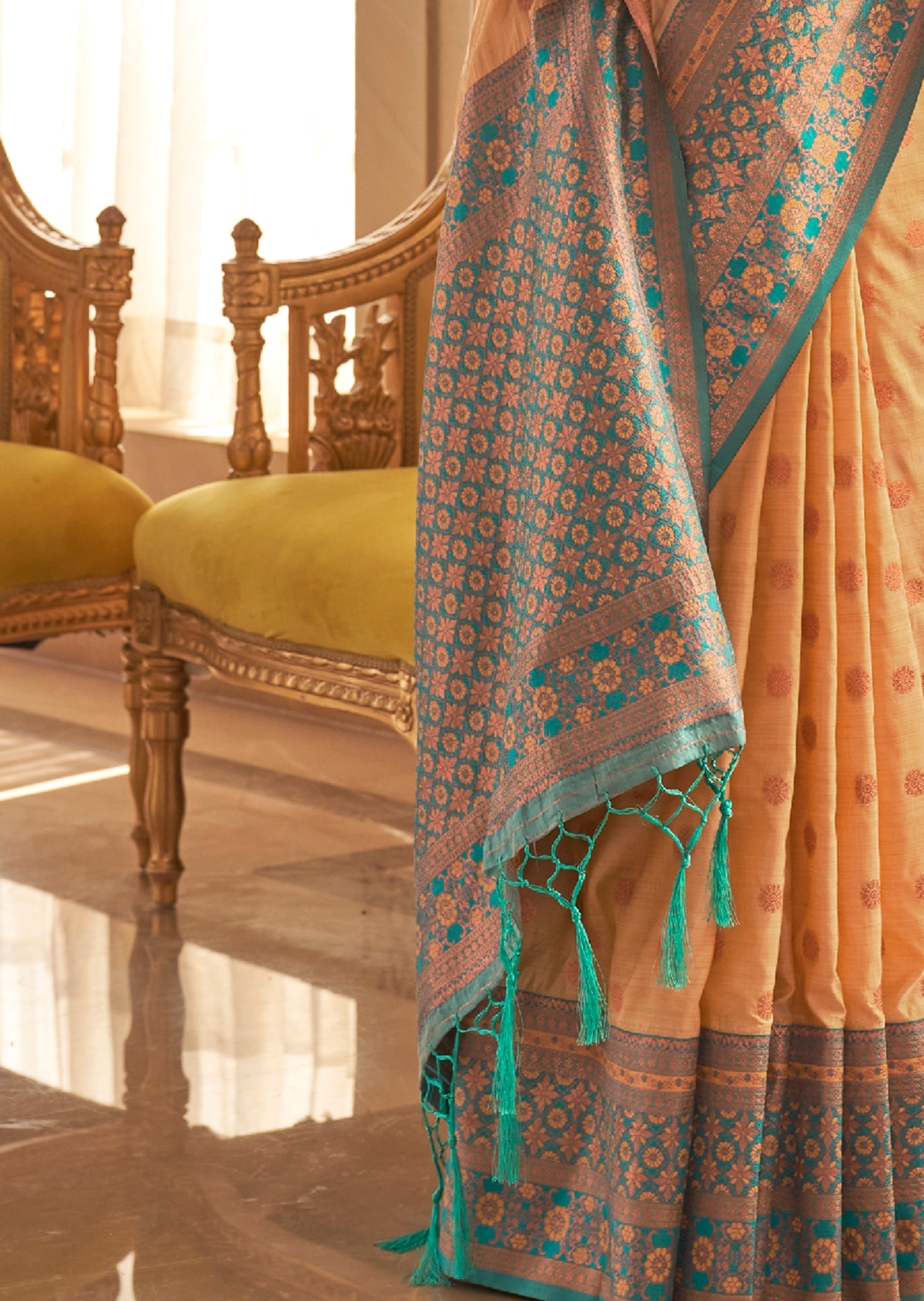 Yellow Copper  Copper Zari Woven Pure Handloom Banarasi Silk Saree