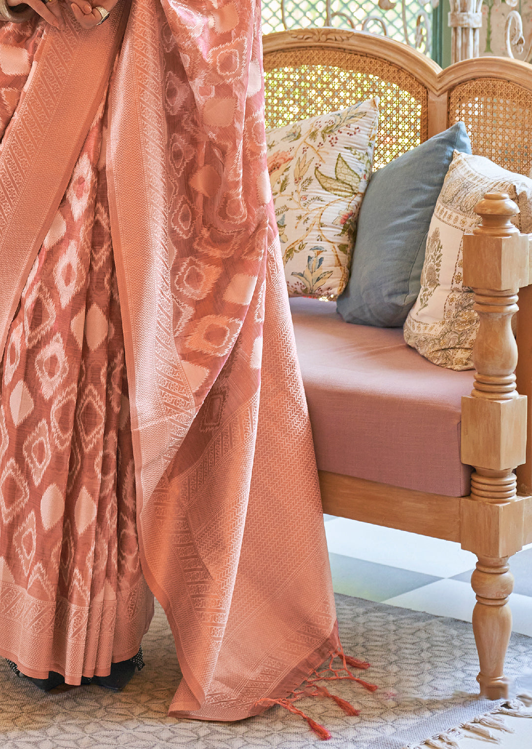 Peach Orange Woven Pure Handloom Tissue Silk Saree