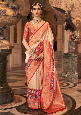 Pearl White & Red	Woven Royal Patola Kanjivaram Silk Saree