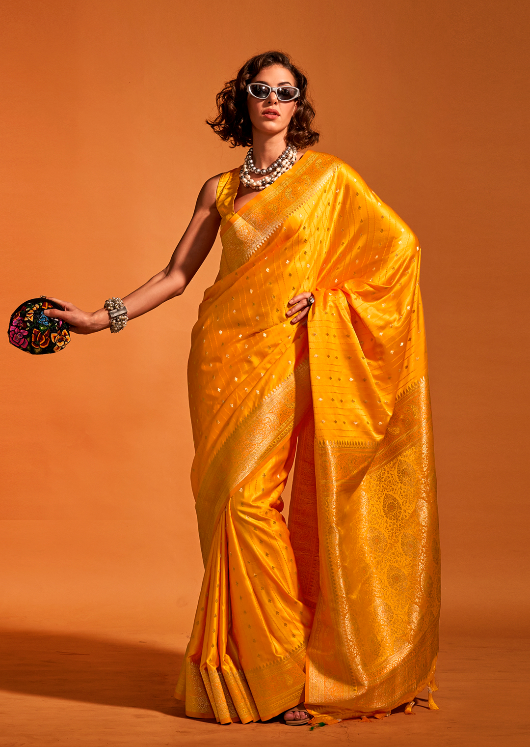 Golden Yellow Zari Woven  Handloom Pure Banarasi Satin Silk Saree