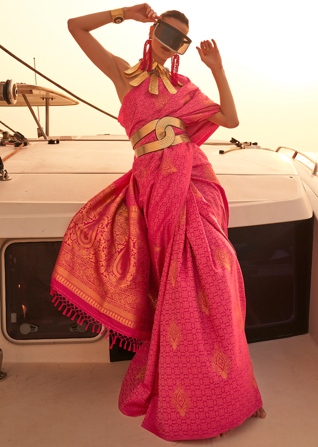 Ruby Pink Woven Pure Handloom Kanjivaram Satin Silk Saree