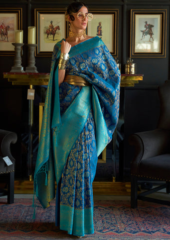 Yale Blue Zari Woven Pure Handloom Kanjivaram Silk Saree