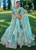 Aqua Blue Hand Worked Premium Designer Silk Lehenga