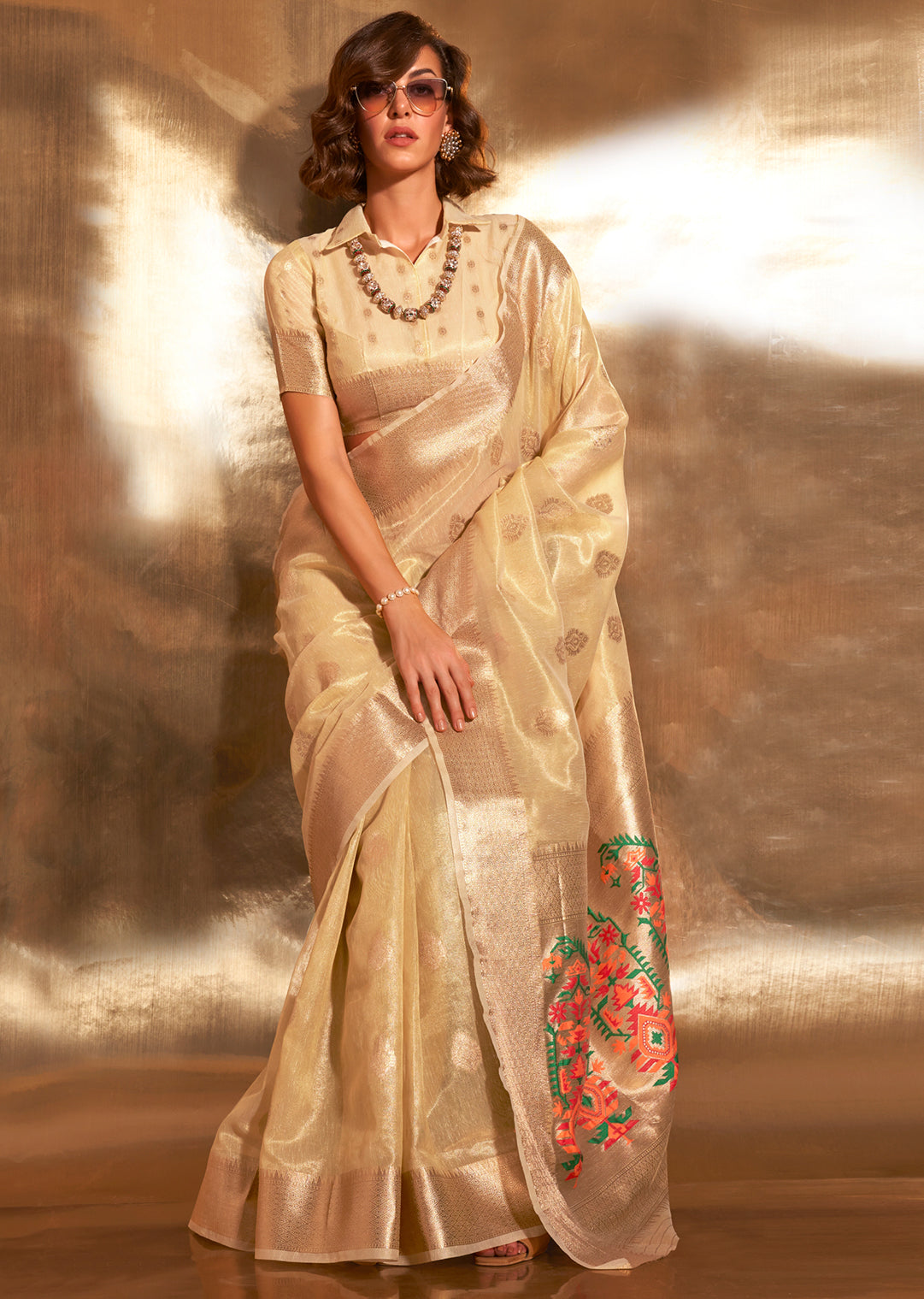 Cream White Zari Woven Pure Paithani Tissue Silk Saree