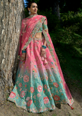 Carrot Pink & Pearl Aqua Hand Worked Premium Designer Silk Lehenga