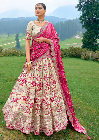 Pearl White & Pink Heavy Embroidered Premium Designer Silk Lehenga