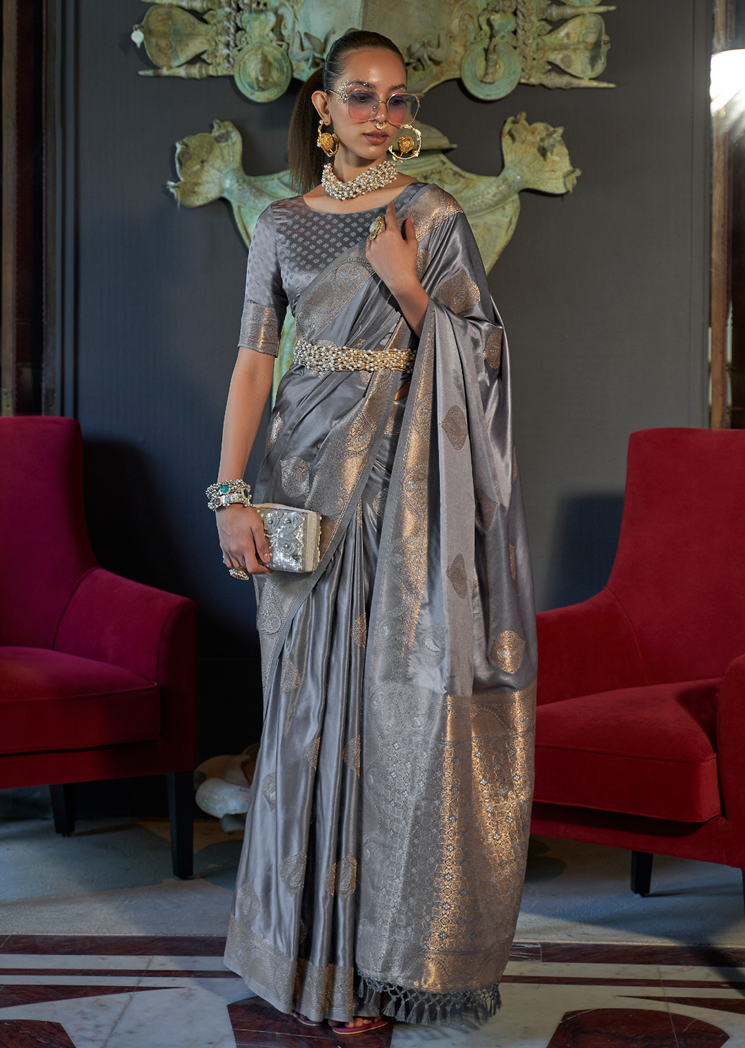 Grey Zari Woven Pure Handloom Banarasi Satin Silk Saree