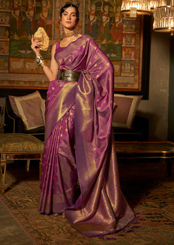 Golden Plum Purple Zari Woven Pure Handloom Kanjivaram Silk Saree