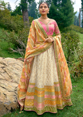 Golden Yellow & White Heavy Embroidered Premium Designer Silk Lehenga