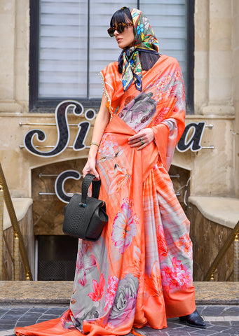 Orange Woven Pure Handloom Printed Gajji Silk Saree
