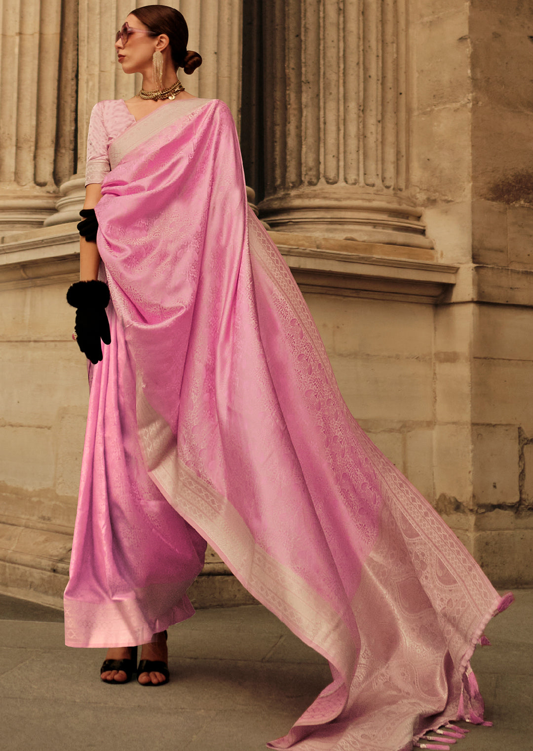 Carnation Pink Woven Handloom Pure Satin Silk Saree