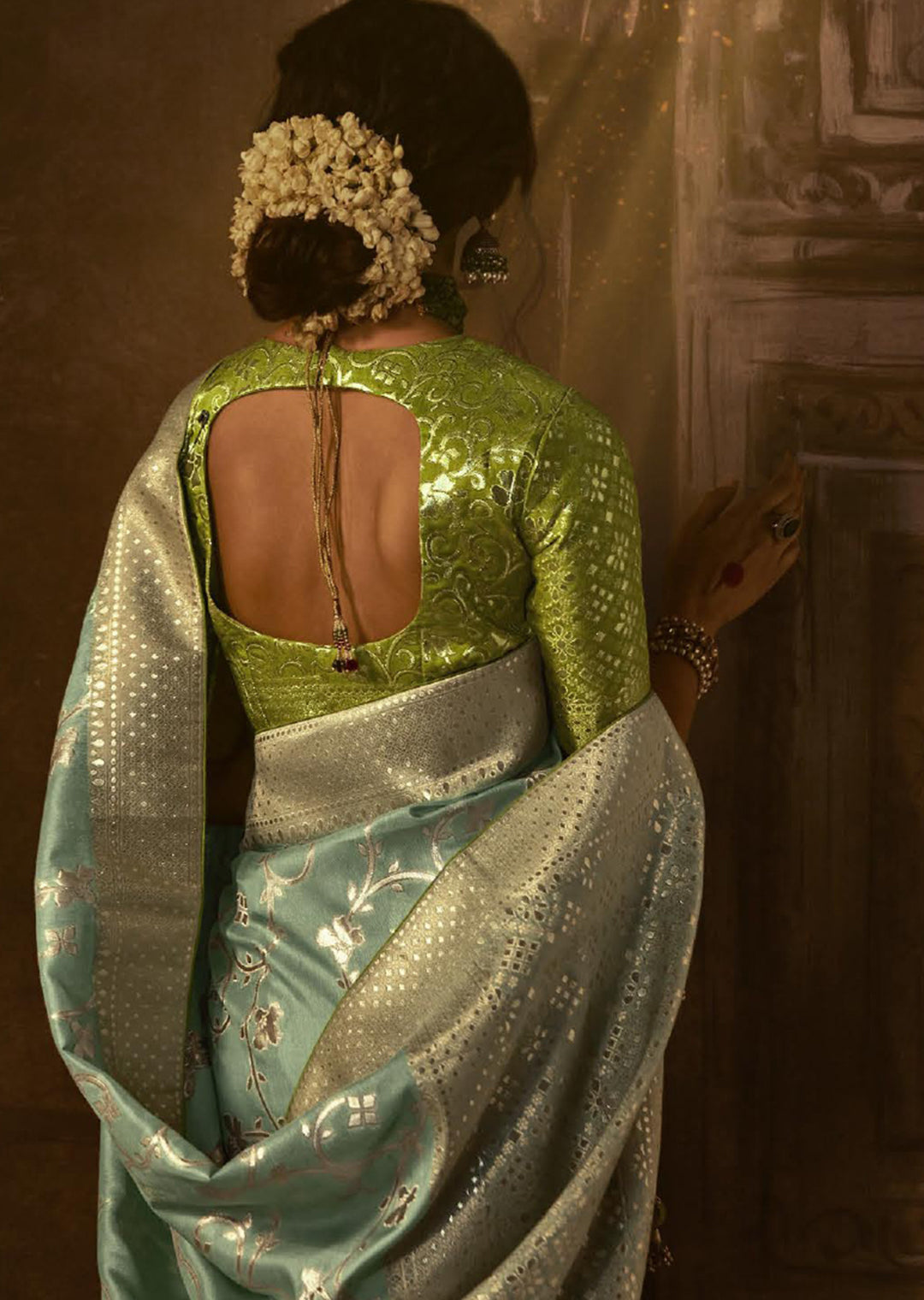 POWDER BLUE WOVEN PURE CREPE SILK DESIGNER BANARASI SAREE