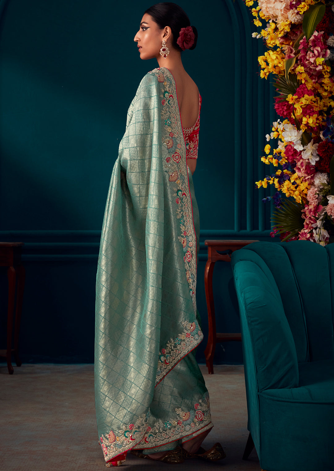 PERSIAN GREEN HEAVY EMBROIDERED BROCADE DESIGNER KANJIVARAM SILK SAREE