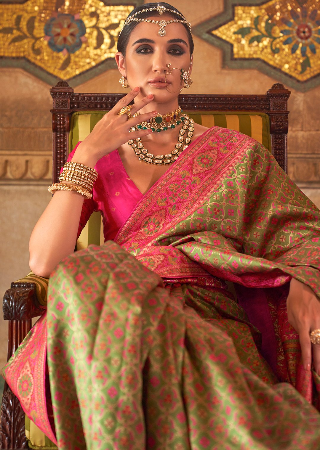 Olive Green Traditional Royal Patola Silk Saree