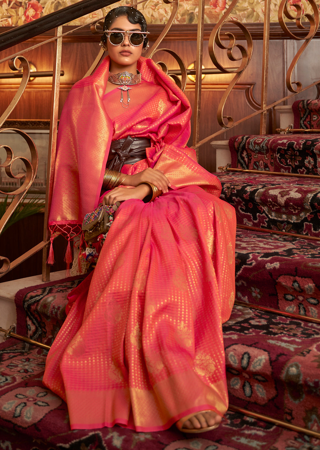 Orange Zari Woven Two Tone Chinon Kanjivaram Silk Saree