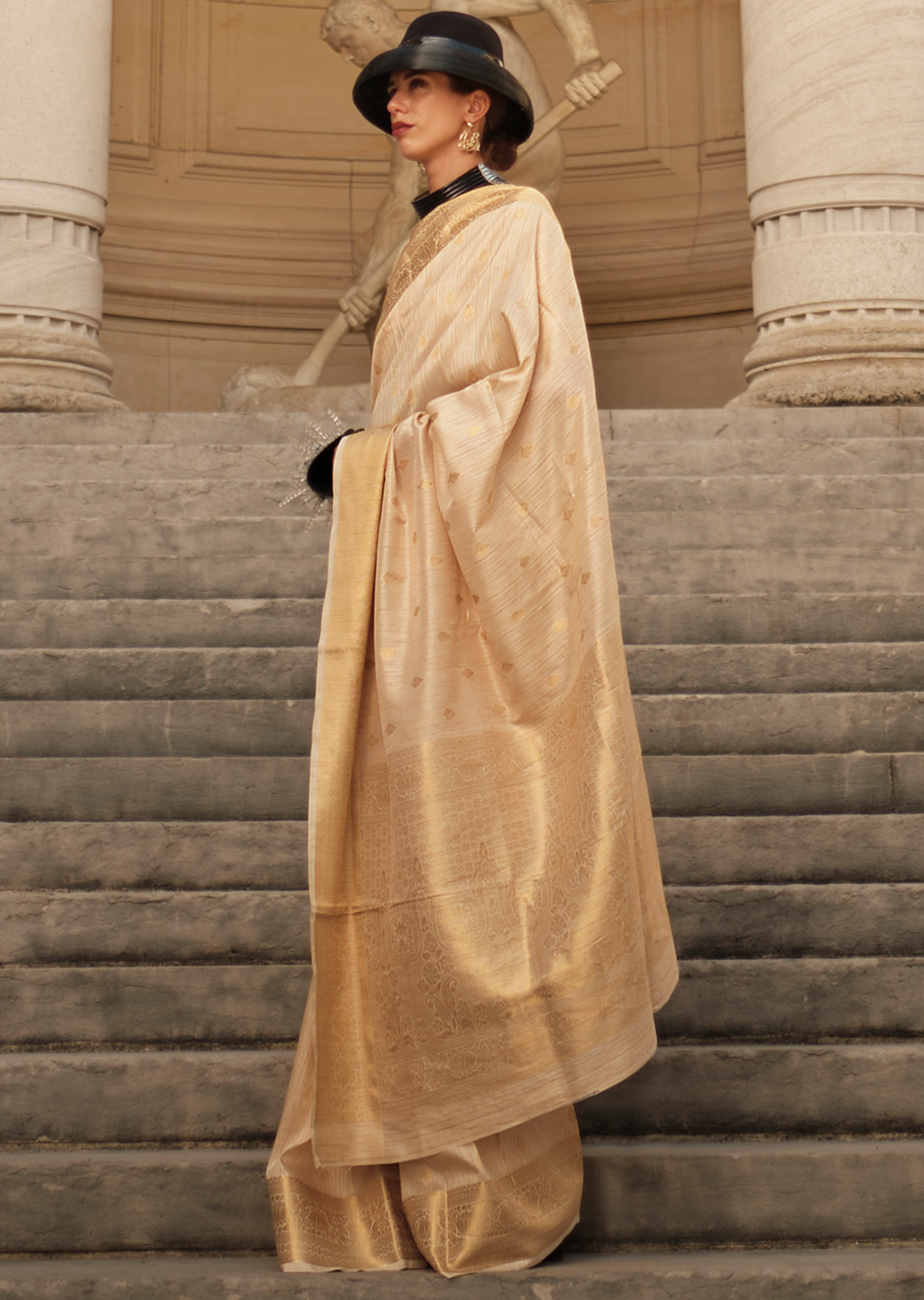 Beige Off White Woven Pure Handloom Khadi Silk Saree