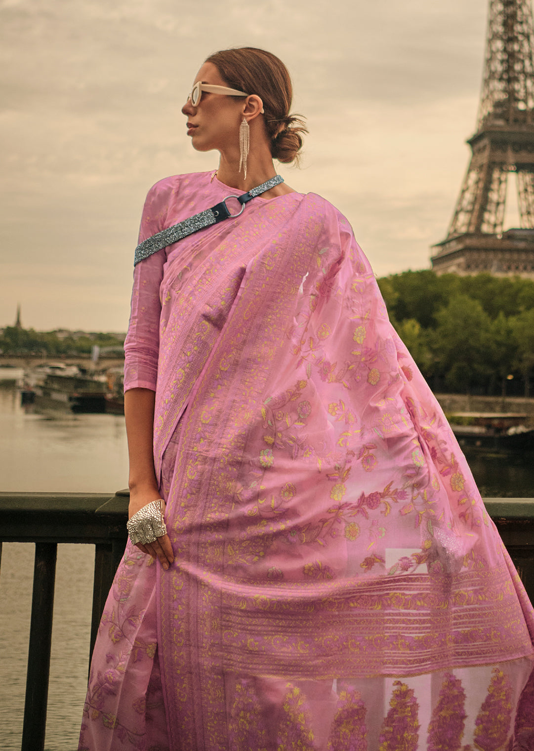 Lavender Pink Woven Pure Handloom Kashmiri Organza Silk Saree
