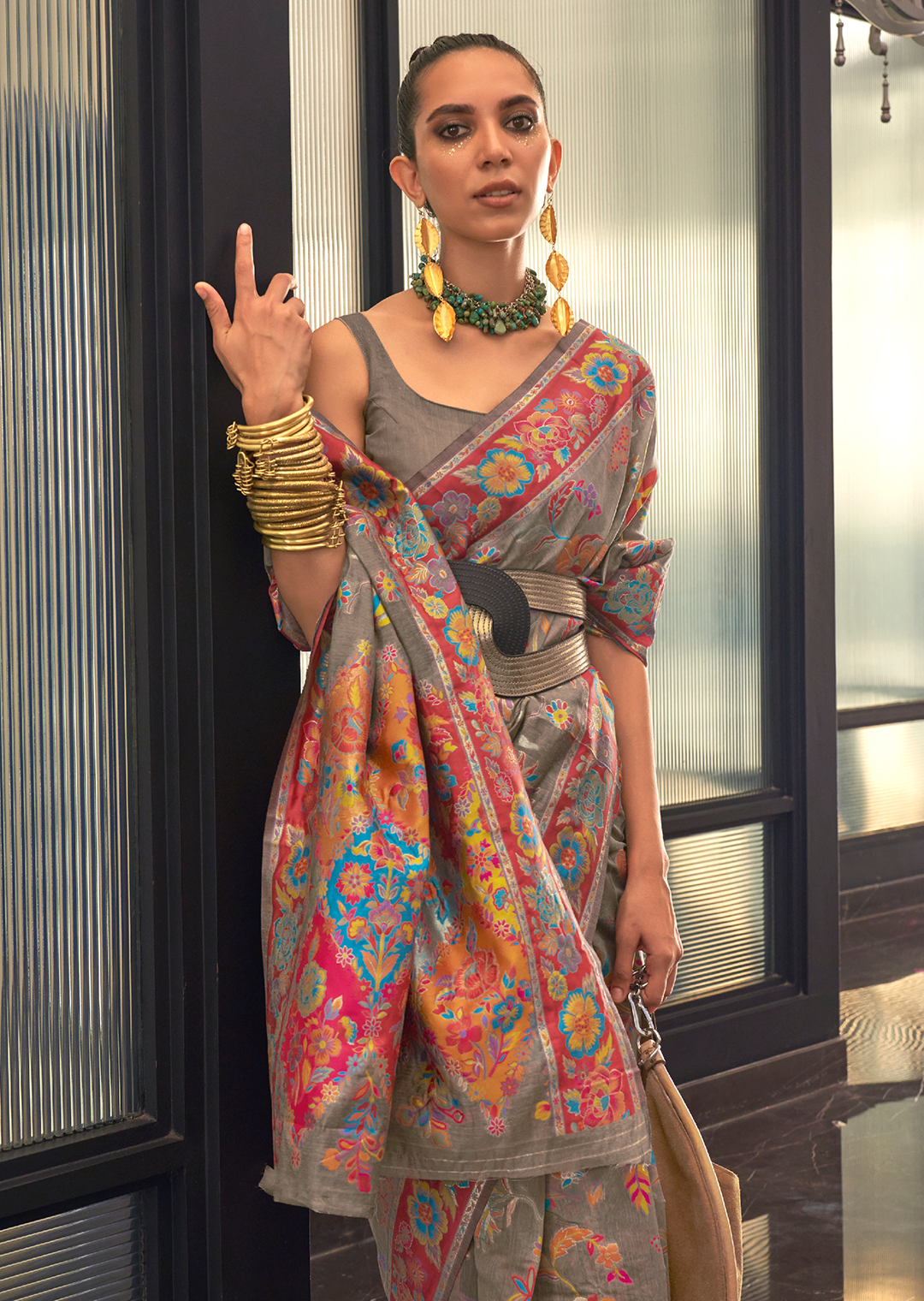 Pastel Brown Woven Pure Handloom Kashmiri Jamewar Silk Saree