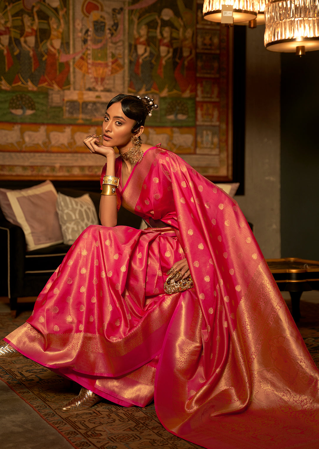Golden Ruby Red	Zari Woven Pure Handloom Kanjivaram Silk Saree