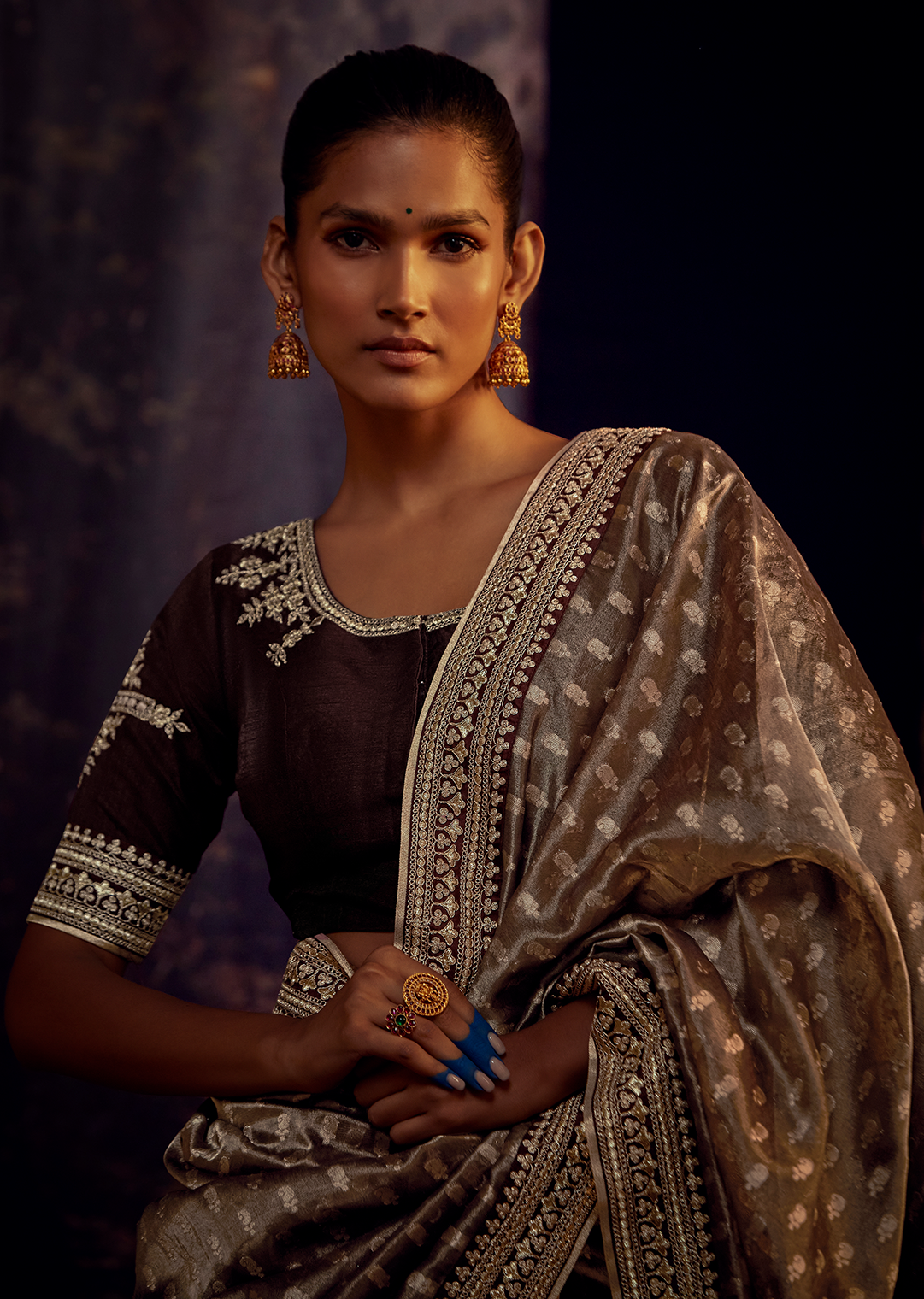 CHOCO BROWN PURE TISSUE SILK DESIGNER SAREE