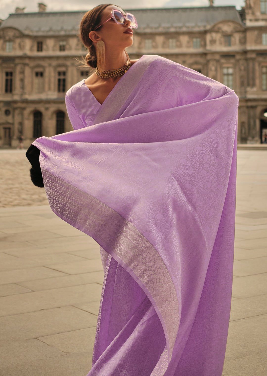 Lavender Purple	Woven Handloom Pure Satin Silk Saree