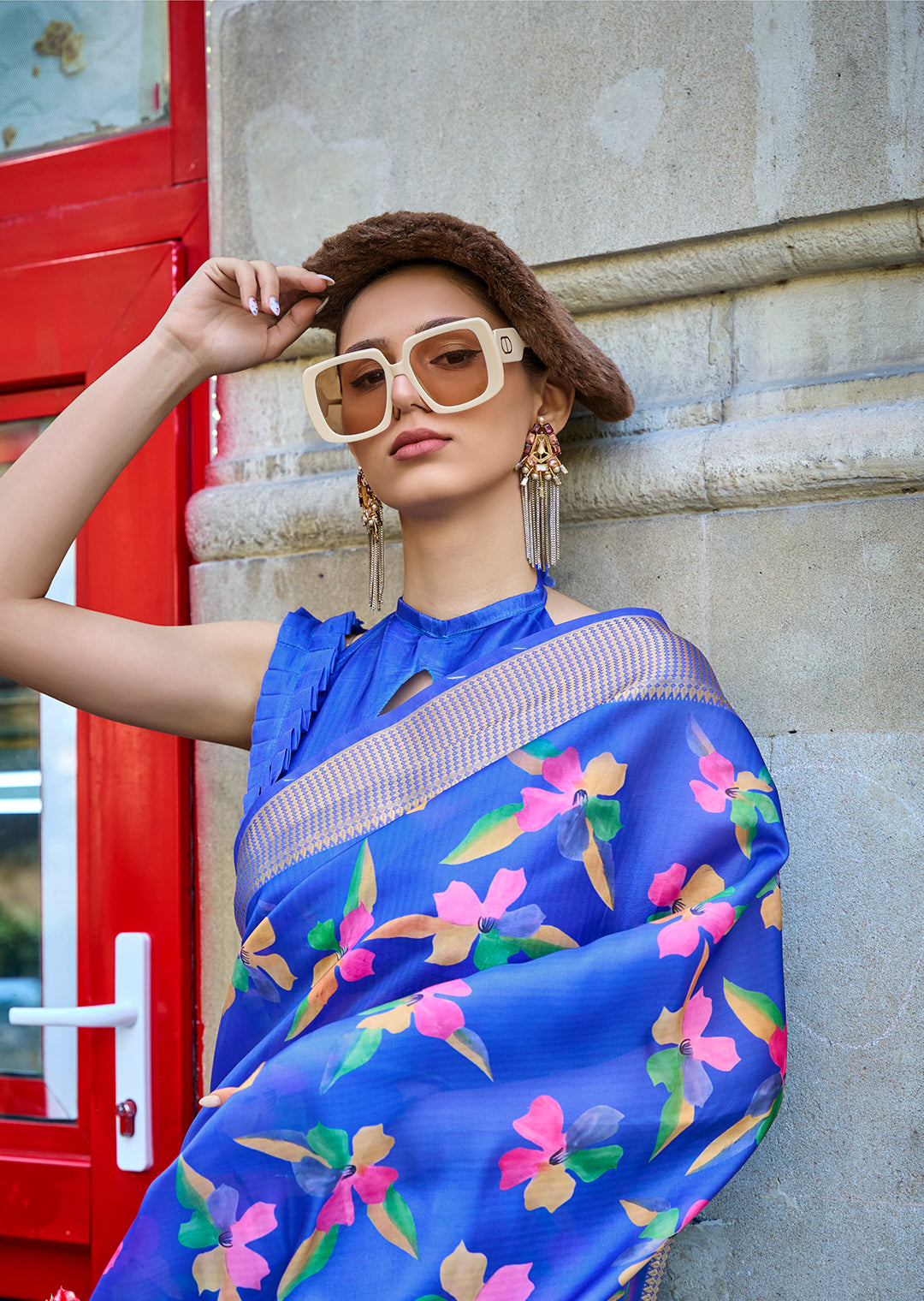 Ink Blue	Woven Pure Satin Organza Silk Saree