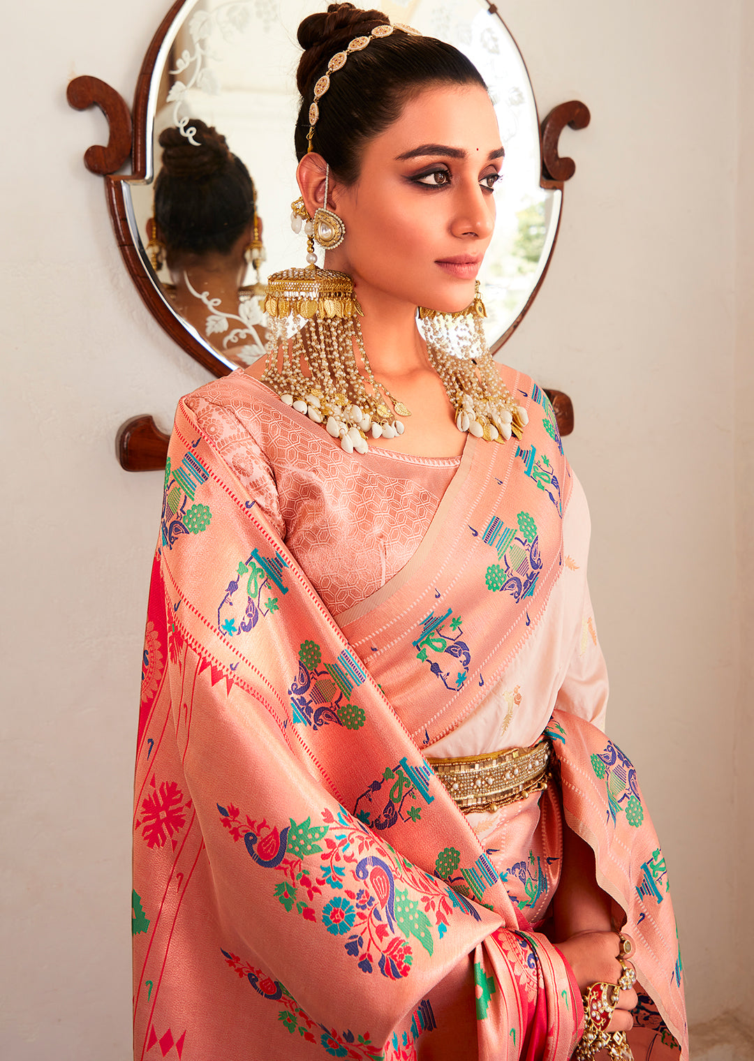 Copper White Copper Zari Woven Traditional Paithani Silk Saree
